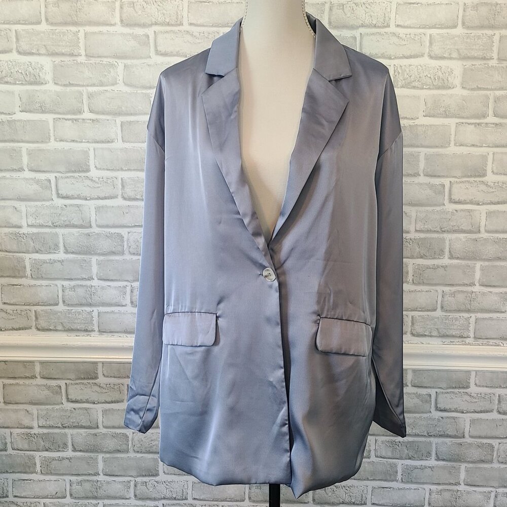 12th Tribe Powder Blue Satin Blazer Jacket NEW Classic Elegance Career Large